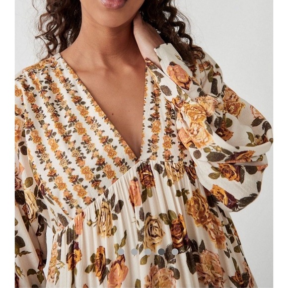Free People Dress Rows of Roses Long Sleeve Boho Maxi Dress Women's Oversized - Picture 5 of 13